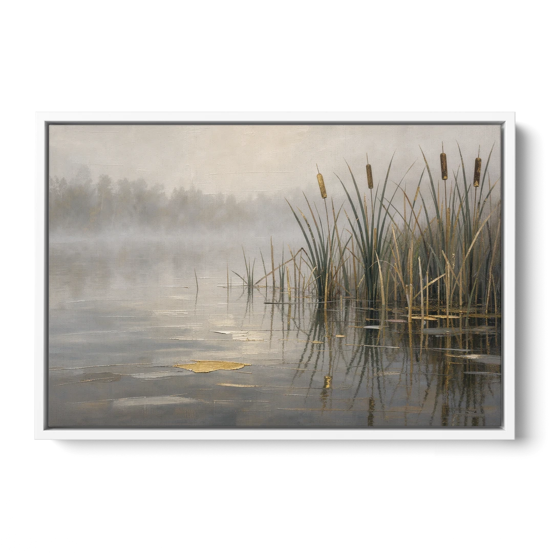 Moody Landscape Wall Art with Cattails in Fog - White Framed Canvas Wall Art - Front
