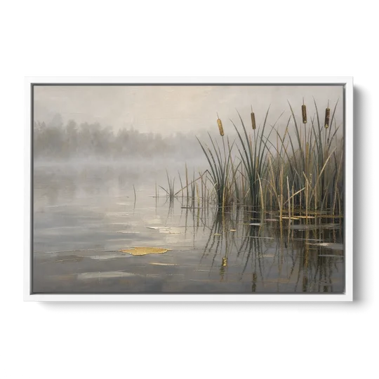 Moody Landscape Wall Art with Cattails in Fog - White Framed Canvas Wall Art - Front