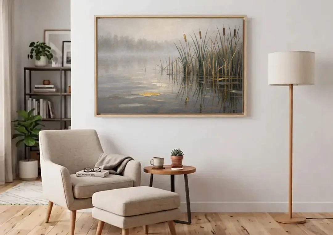 Moody Landscape Wall Art with Cattails in Fog canvas wall art above an armchair in a bright living room