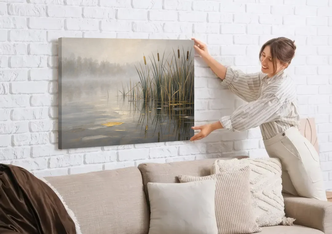 Moody Landscape Wall Art with Cattails in Fog canvas wall art being hung on a white brick wall above a sofa