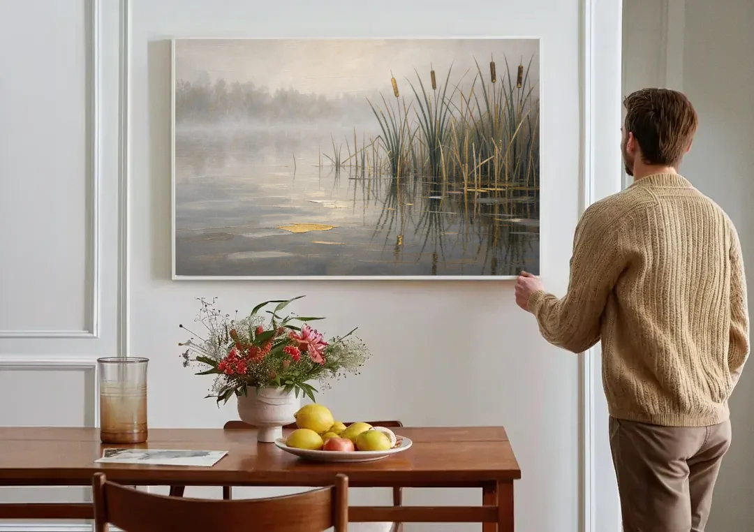 Moody Landscape Wall Art with Cattails in Fog canvas wall art above a dining table