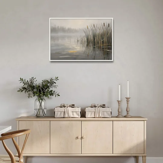 Moody Landscape Wall Art with Cattails in Fog - White Framed Canvas Wall Art - Coffee Table - 36x24
