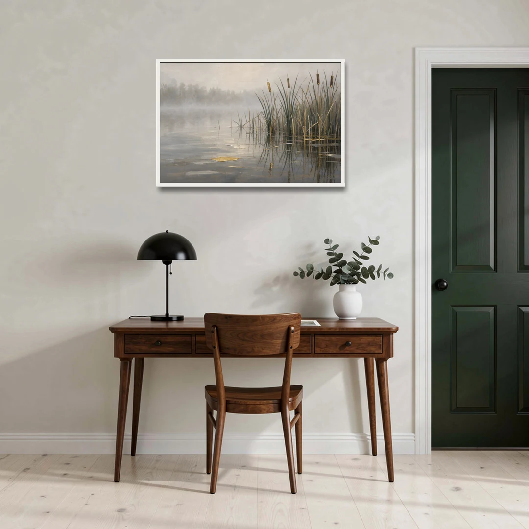 Moody Landscape Wall Art with Cattails in Fog - White Framed Canvas Wall Art - Office - 36x24