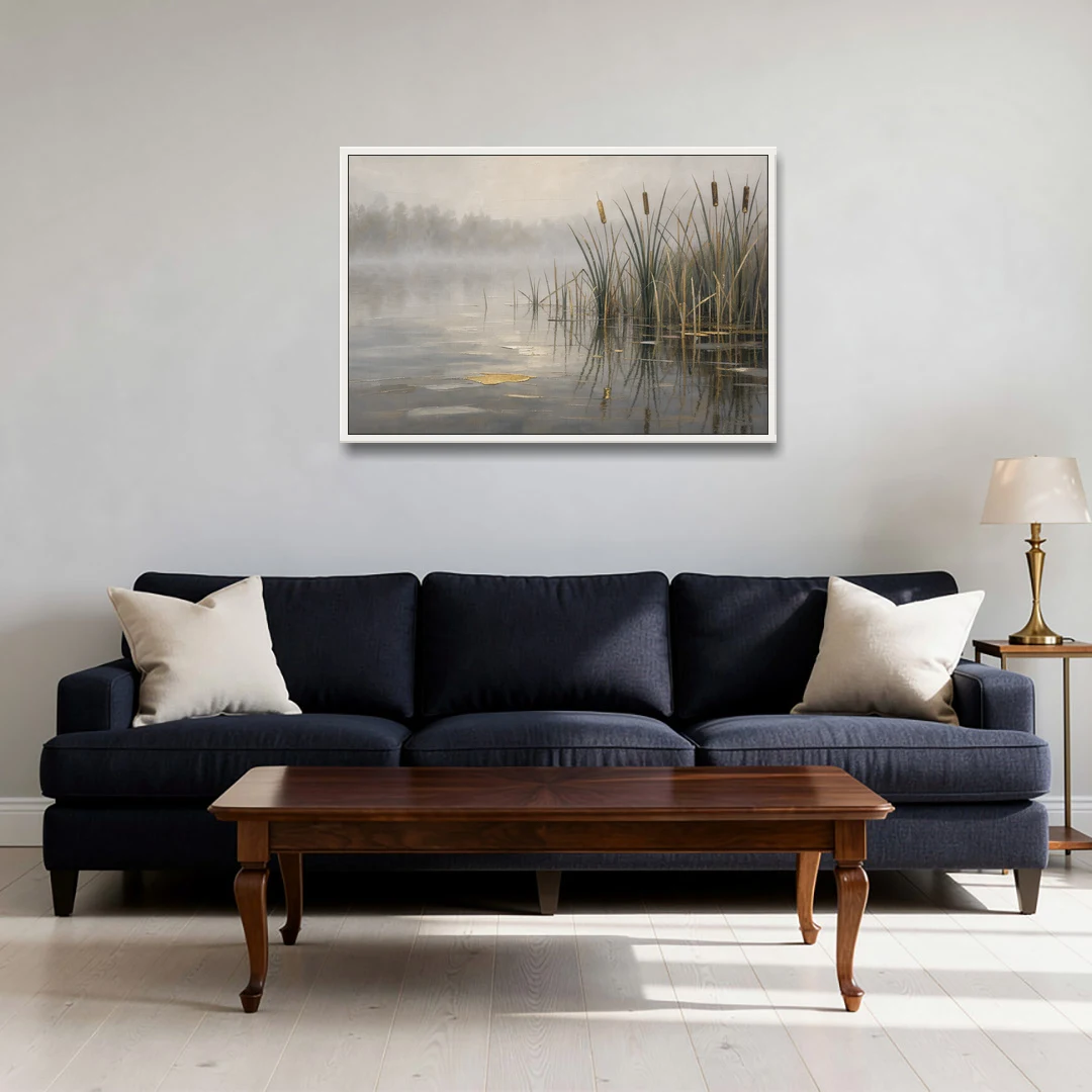 Moody Landscape Wall Art with Cattails in Fog - White Framed Canvas Wall Art - Sofa - 36x24