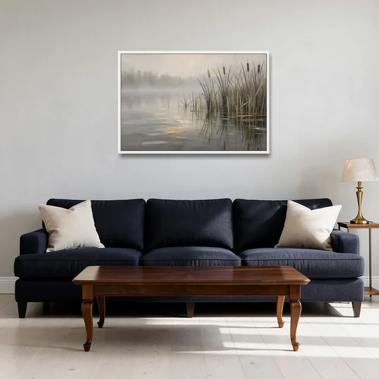 Moody Landscape Wall Art with Cattails in Fog - White Framed Canvas Wall Art - Sofa - 36x24