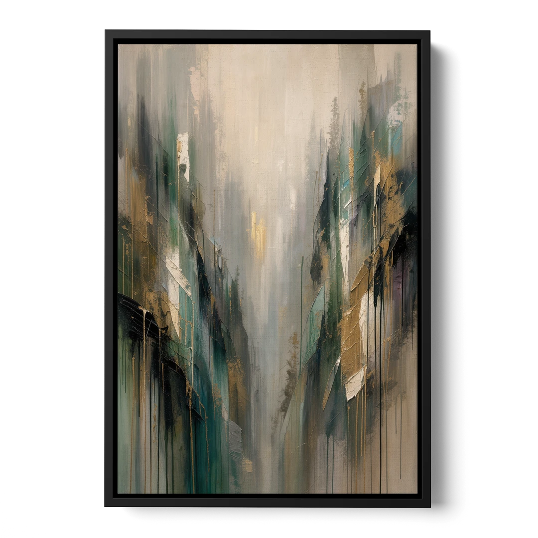 Moody Misty Green Ravine for the Bedroom - Black Framed Canvas Wall Art - Front