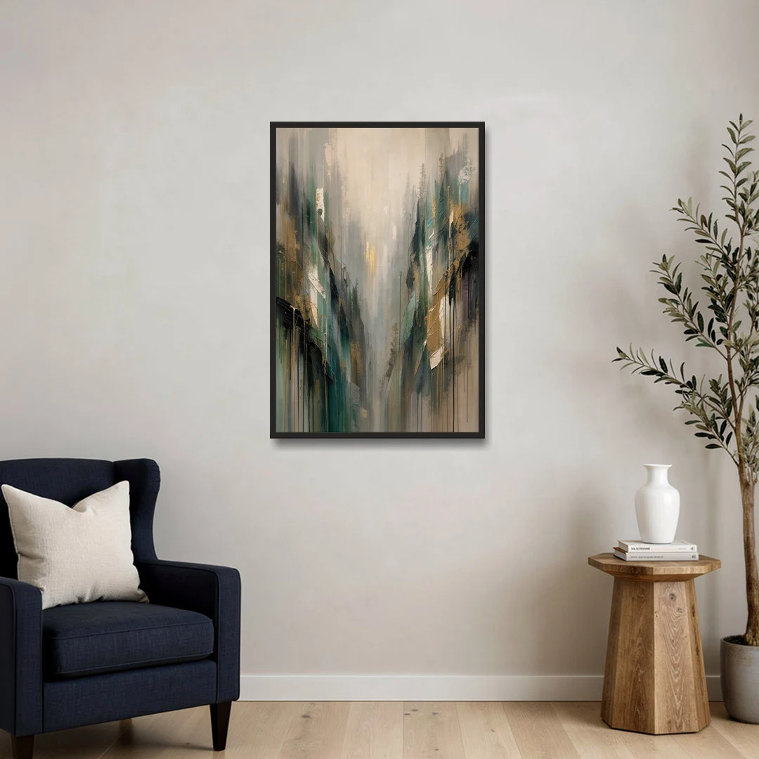 Moody Misty Green Ravine for the Bedroom - Black Framed Canvas Wall Art - Sofa - 24x36
