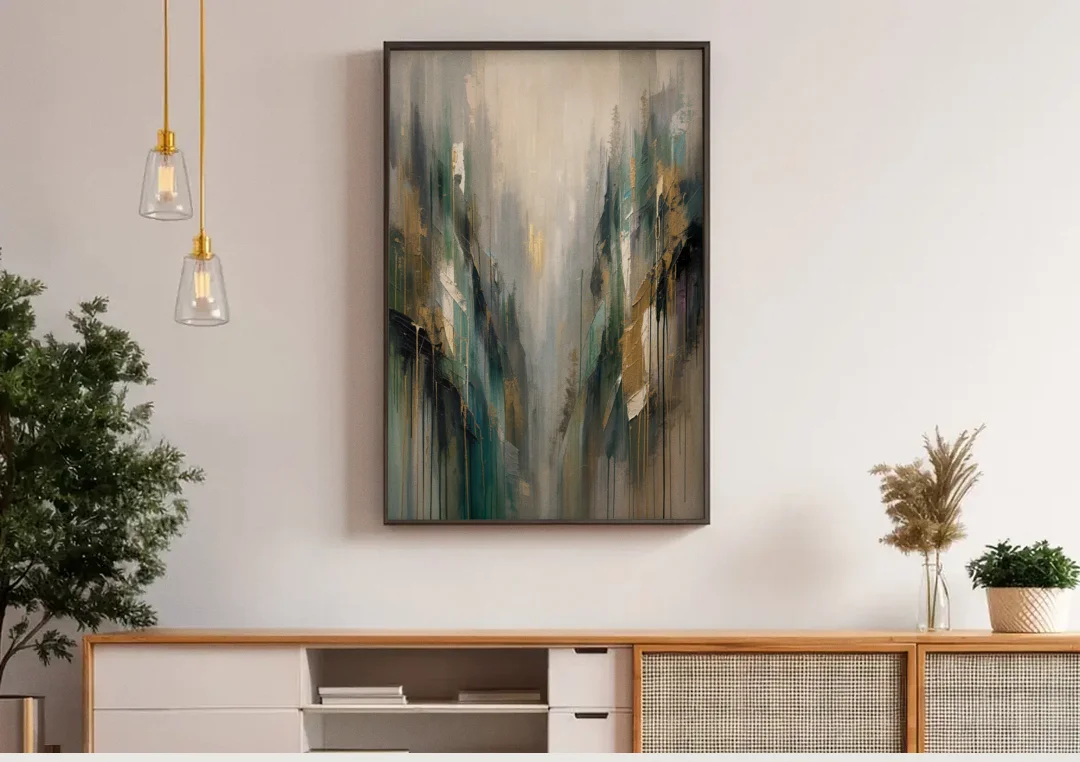Moody Misty Green Ravine for the Bedroom canvas wall art above a wooden sideboard under pendant lights