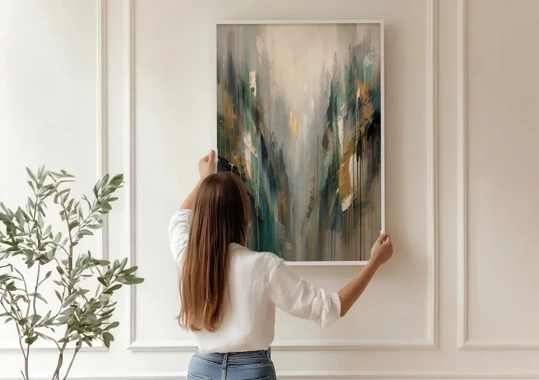 Moody Misty Green Ravine for the Bedroom canvas wall art being hung on a paneled wall