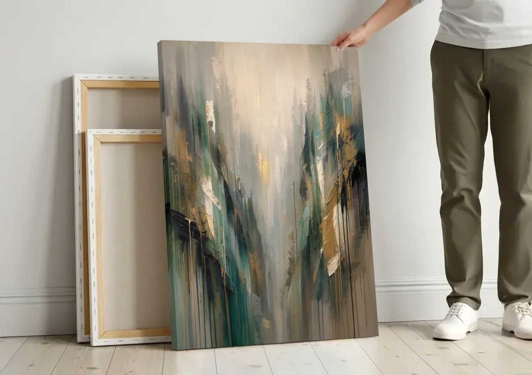 Moody Misty Green Ravine for the Bedroom canvas wall art leaning against a wall next to blank canvases