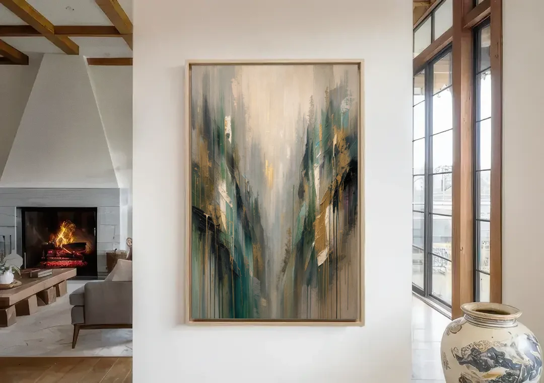 Moody Misty Green Ravine for the Bedroom canvas wall art in a living room with a fireplace