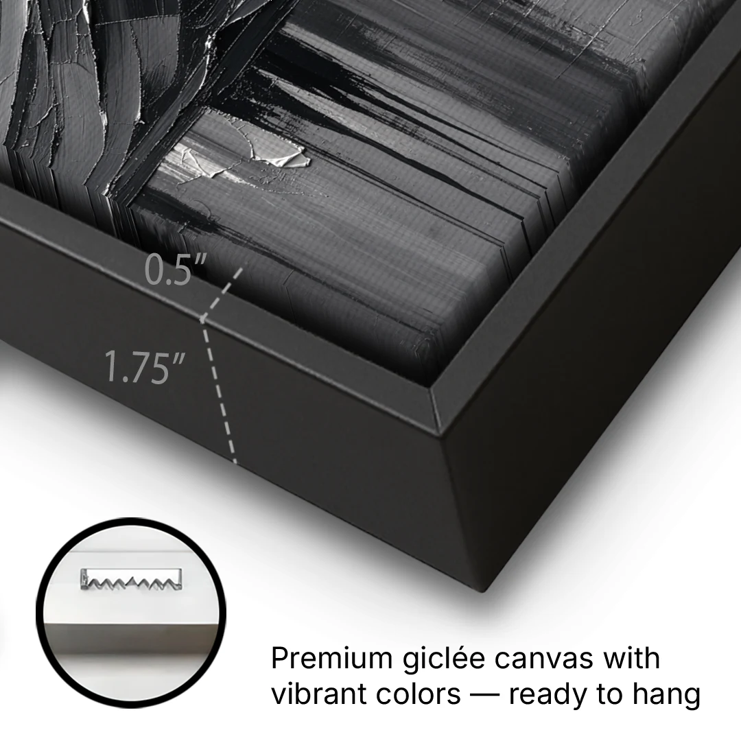 Moody Mountain Painting Under Breaking Light - Black Framed Canvas Wall Art - Gallery Wrap Corner