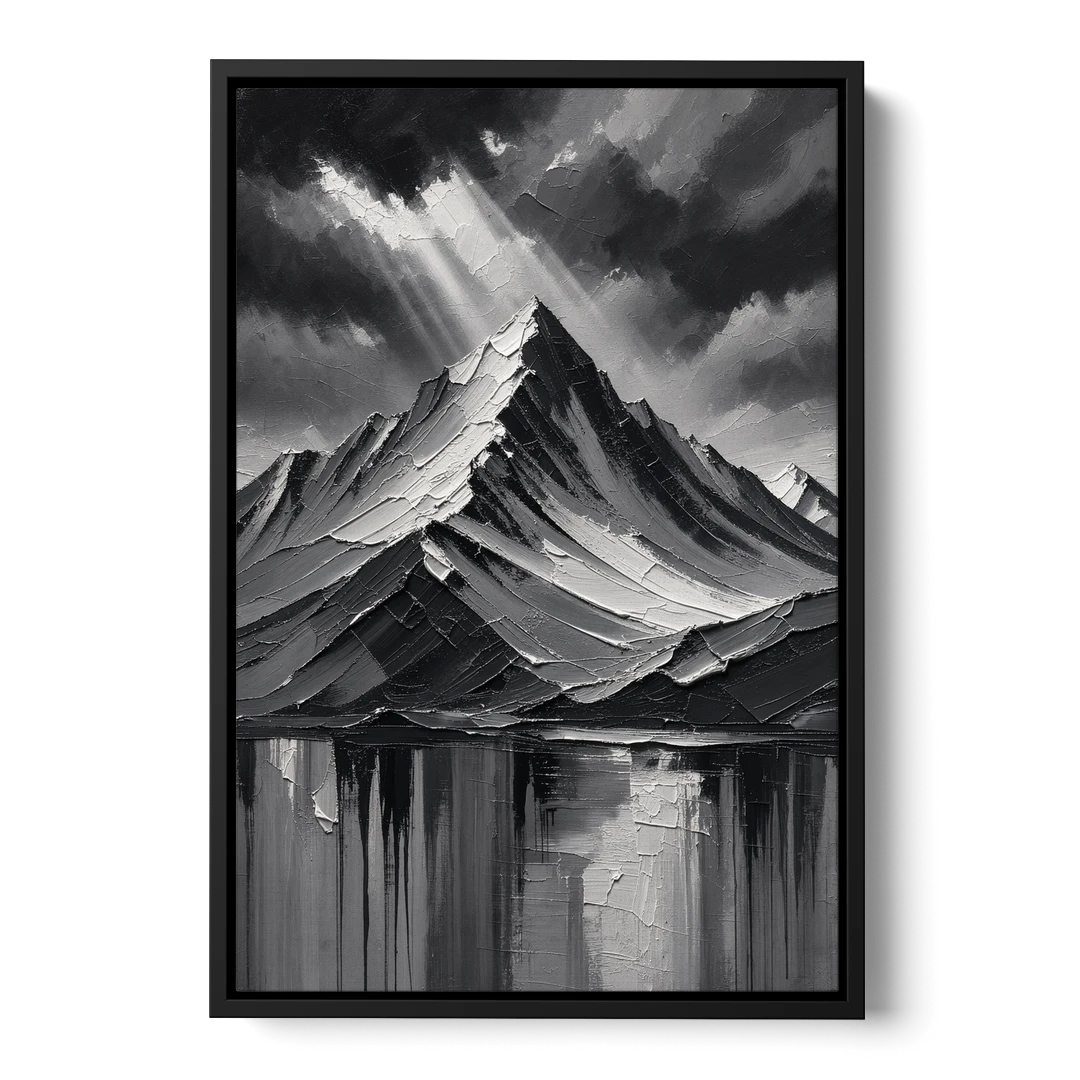 Moody Mountain Painting Under Breaking Light - Black Framed Canvas Wall Art - Front
