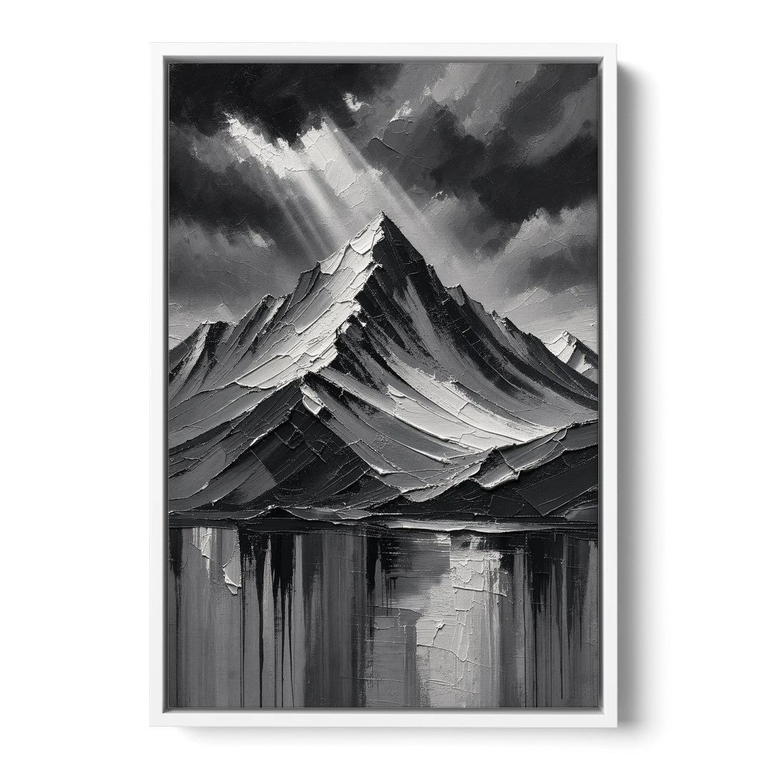 Moody Mountain Painting Under Breaking Light - White Framed Canvas Wall Art - Front
