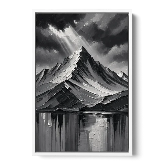 Moody Mountain Painting Under Breaking Light - White Framed Canvas Wall Art - Front