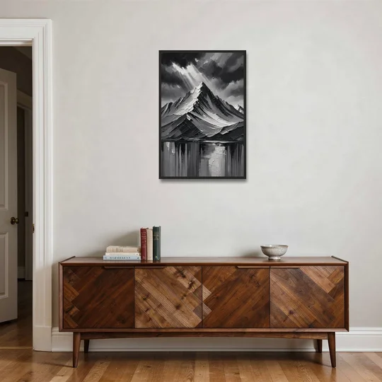 Moody Mountain Painting Under Breaking Light - Black Framed Canvas Wall Art - Coffee Table - 24x36