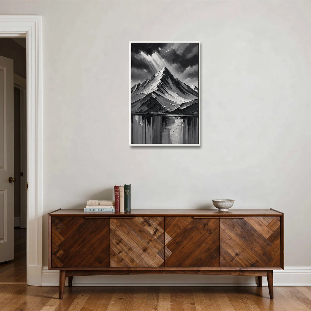 Moody Mountain Painting Under Breaking Light - White Framed Canvas Wall Art - Coffee Table - 24x36