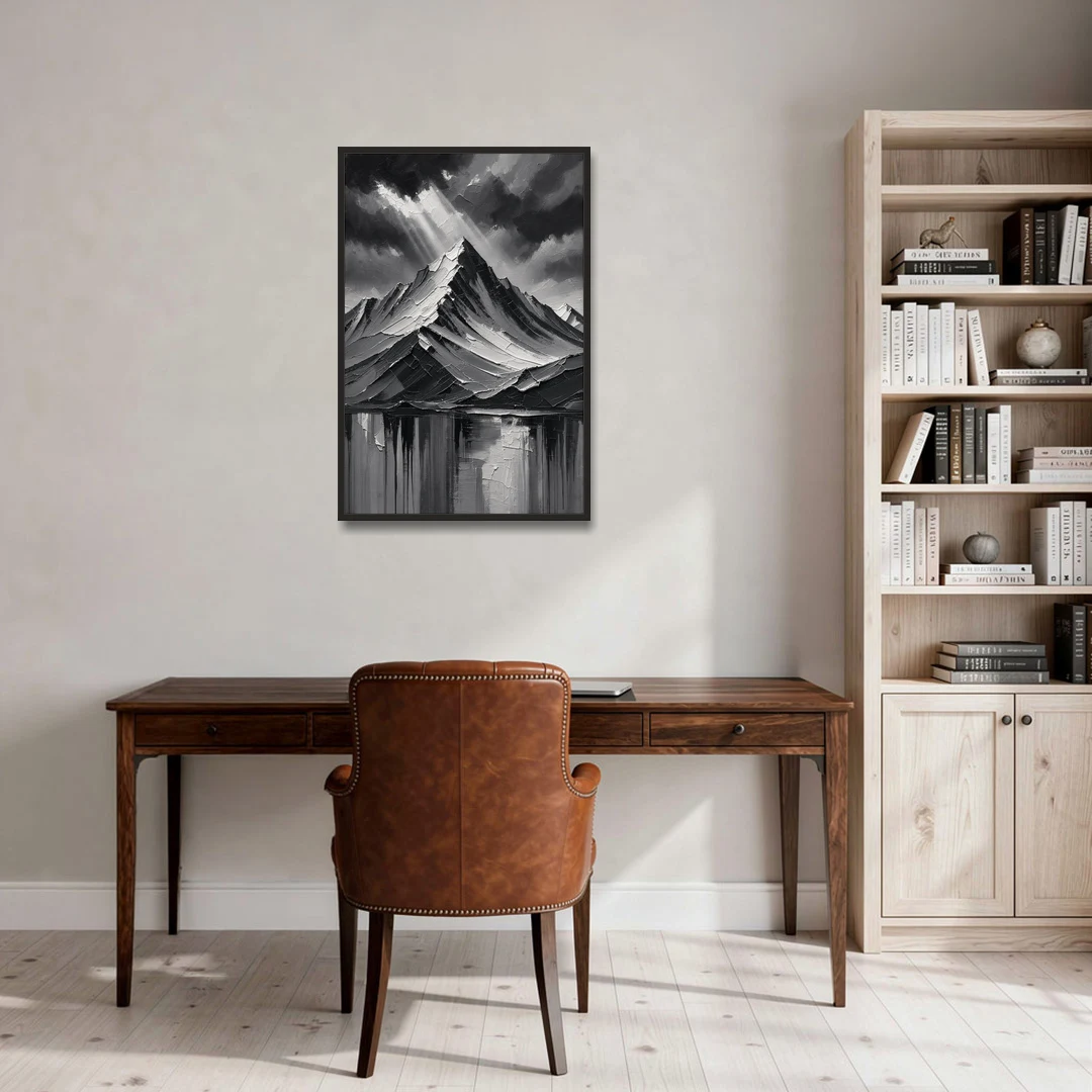 Moody Mountain Painting Under Breaking Light - Black Framed Canvas Wall Art - Office - 24x36