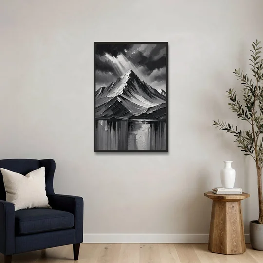 Moody Mountain Painting Under Breaking Light - Black Framed Canvas Wall Art - Sofa - 24x36