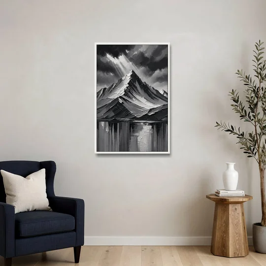 Moody Mountain Painting Under Breaking Light - White Framed Canvas Wall Art - Sofa - 24x36