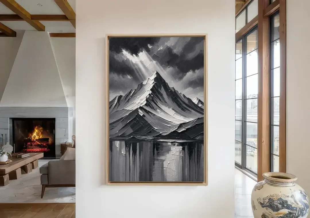 Moody Mountain Painting Under Breaking Light canvas wall art in a living room with a fireplace