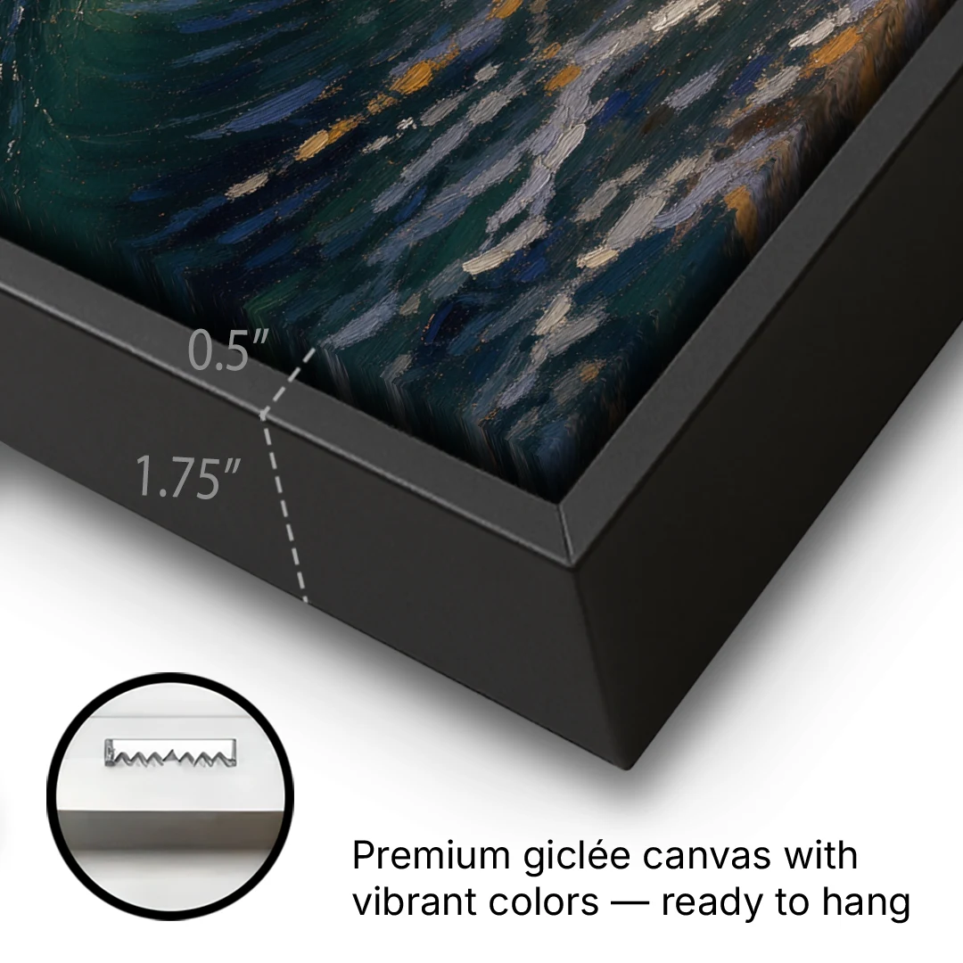 Moody Ocean Painting Under the Midnight Moon - Black Framed Canvas Wall Art - Gallery Wrap Corner
