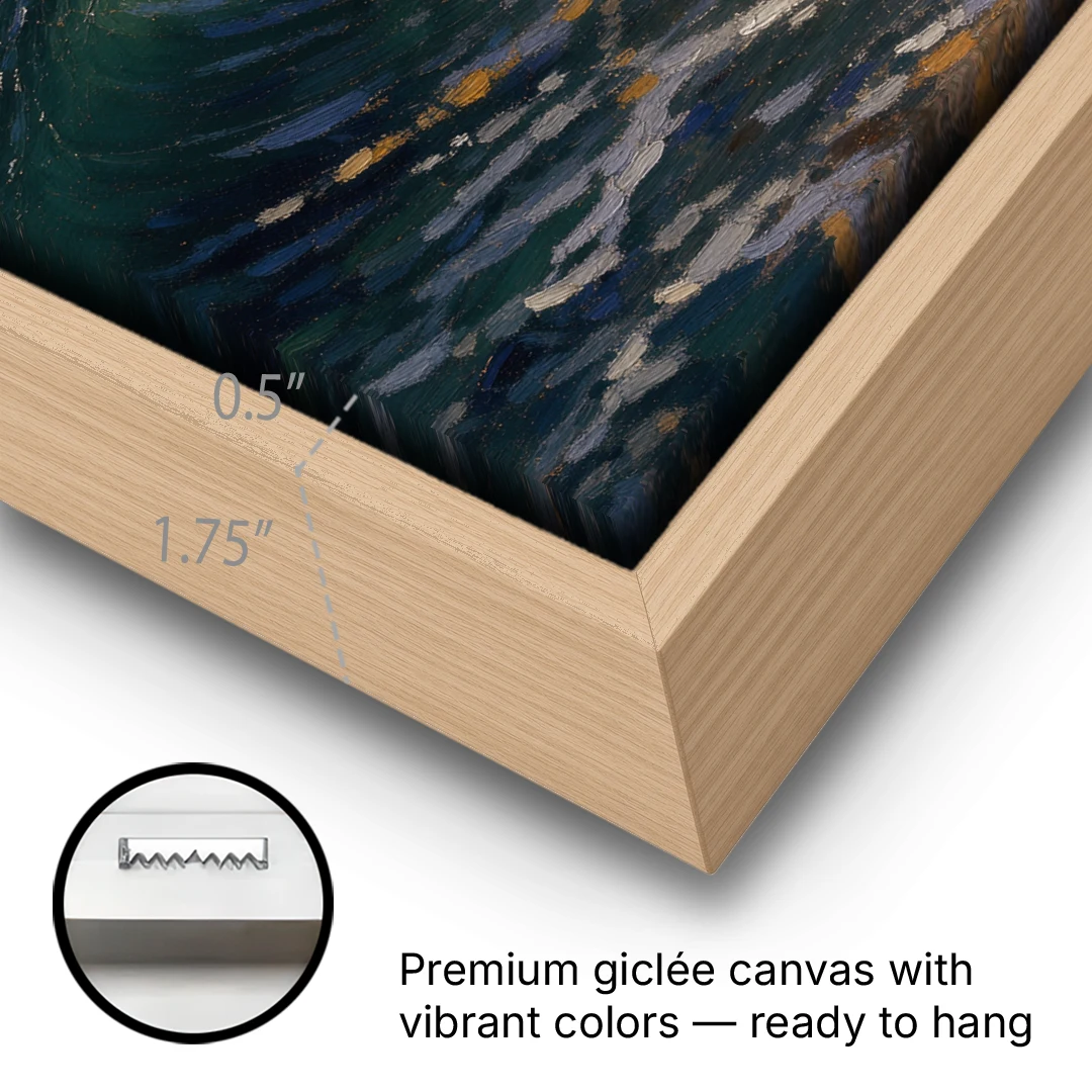 Moody Ocean Painting Under the Midnight Moon - Oak Framed Canvas Wall Art - Gallery Wrap Corner