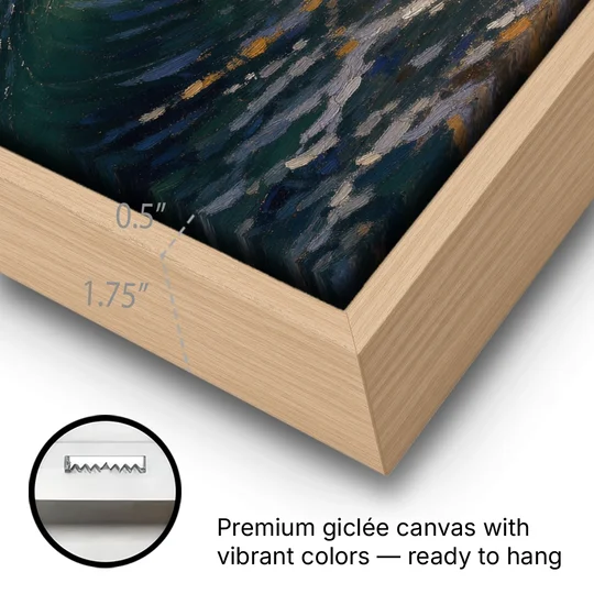 Moody Ocean Painting Under the Midnight Moon - Oak Framed Canvas Wall Art - Gallery Wrap Corner