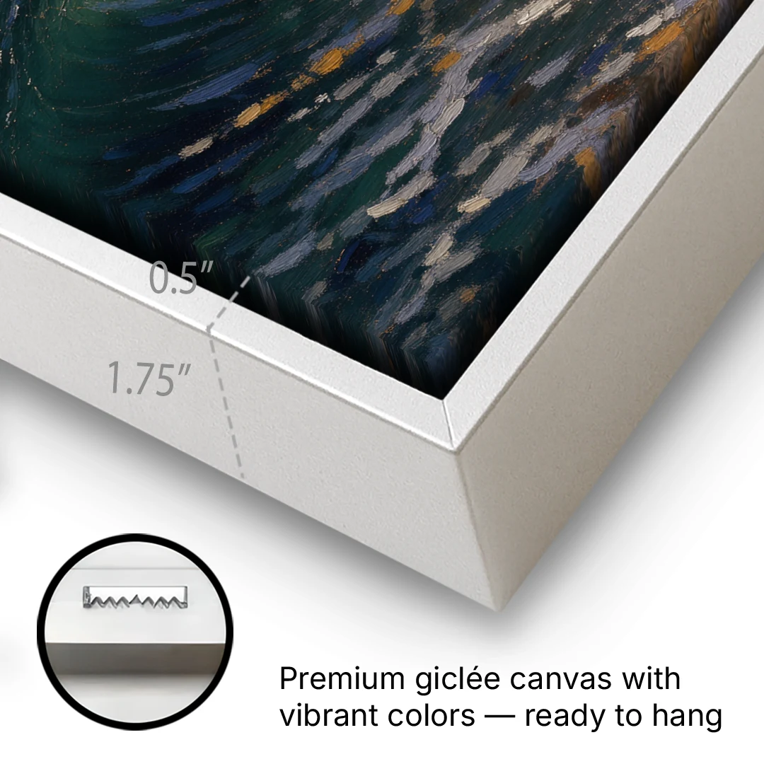 Moody Ocean Painting Under the Midnight Moon - White Framed Canvas Wall Art - Gallery Wrap Corner