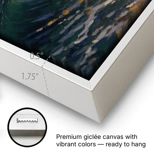 Moody Ocean Painting Under the Midnight Moon - White Framed Canvas Wall Art - Gallery Wrap Corner