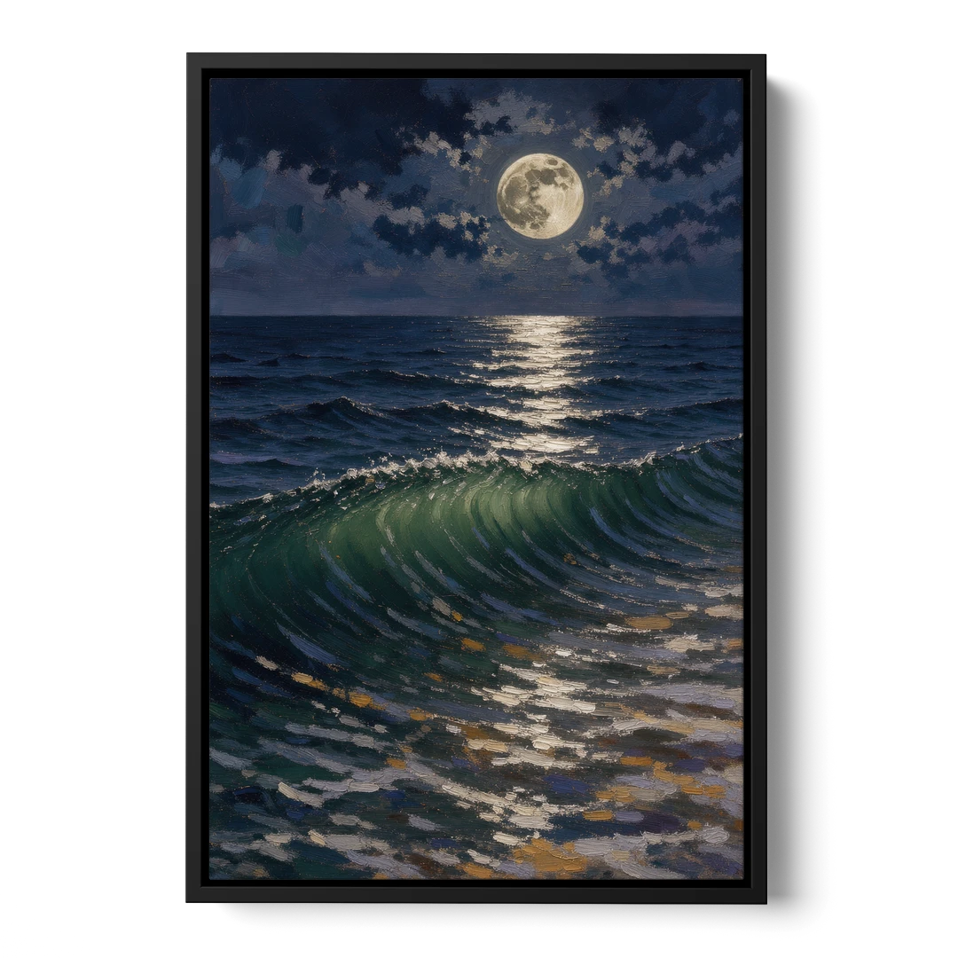 Moody Ocean Painting Under the Midnight Moon - Black Framed Canvas Wall Art - Front