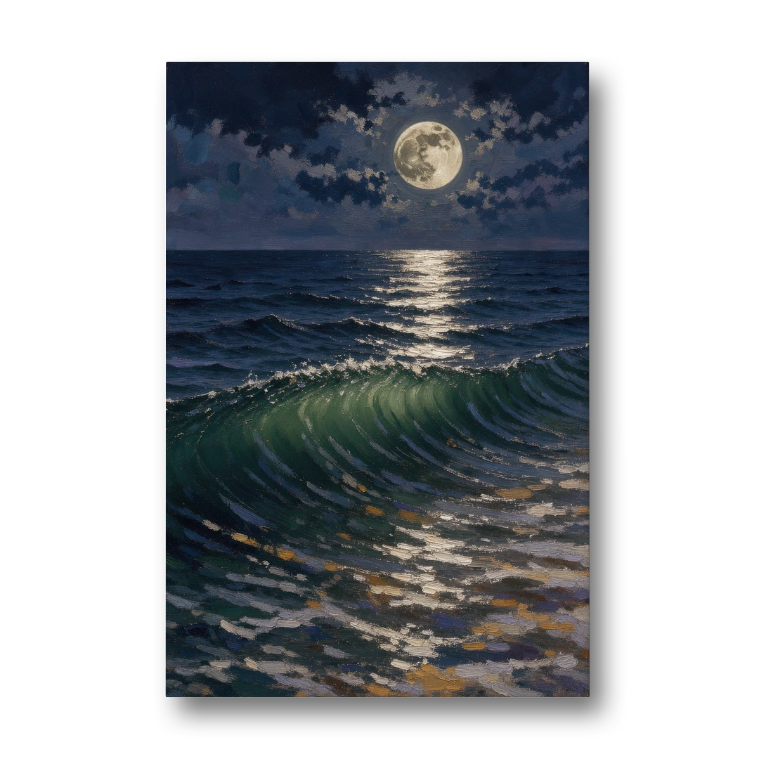 Moody Ocean Painting Under the Midnight Moon - Canvas Wall Art - Front