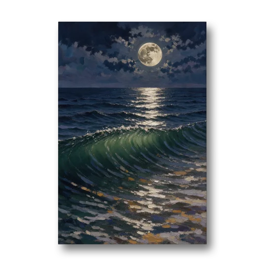Moody Ocean Painting Under the Midnight Moon - Canvas Wall Art - Front