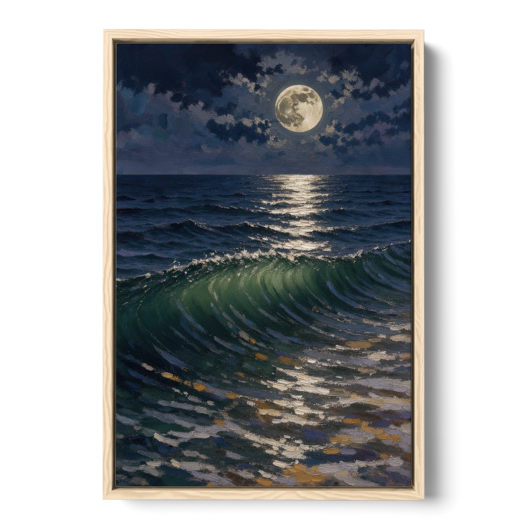 Moody Ocean Painting Under the Midnight Moon - Oak Framed Canvas Wall Art - Front