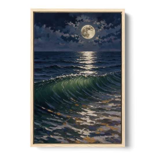Moody Ocean Painting Under the Midnight Moon - Oak Framed Canvas Wall Art - Front