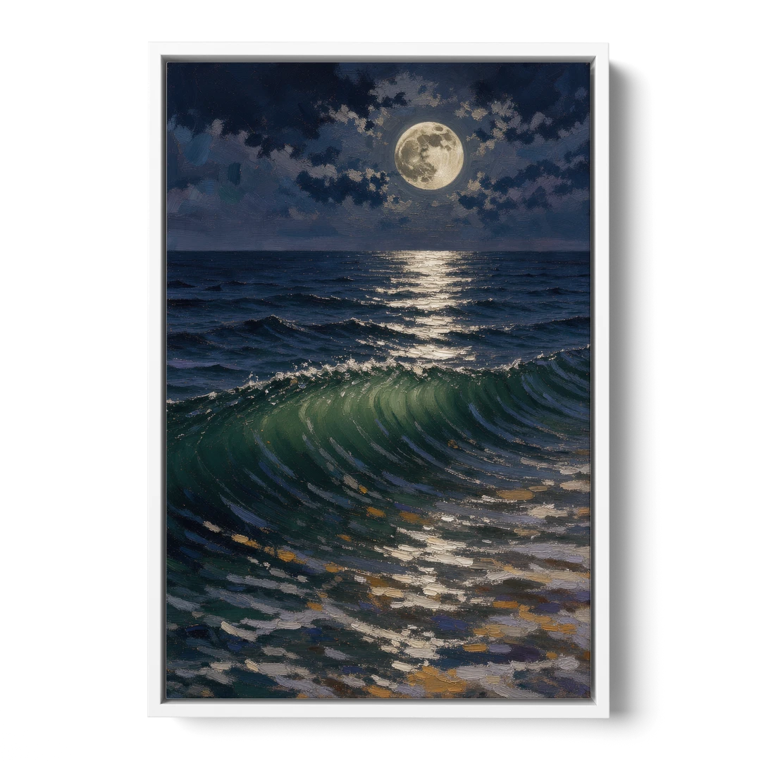 Moody Ocean Painting Under the Midnight Moon - White Framed Canvas Wall Art - Front