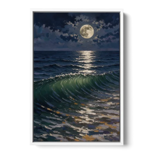 Moody Ocean Painting Under the Midnight Moon - White Framed Canvas Wall Art - Front