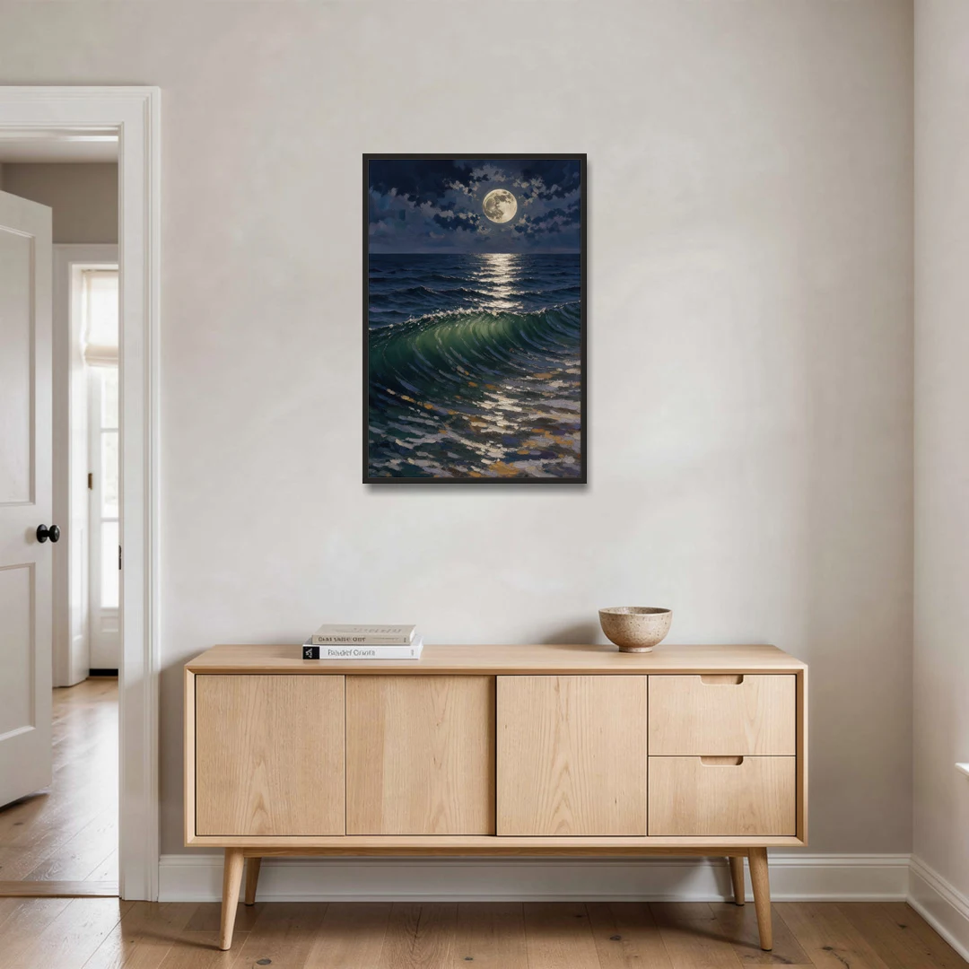 Moody Ocean Painting Under the Midnight Moon - Black Framed Canvas Wall Art - Coffee Table - 24x36