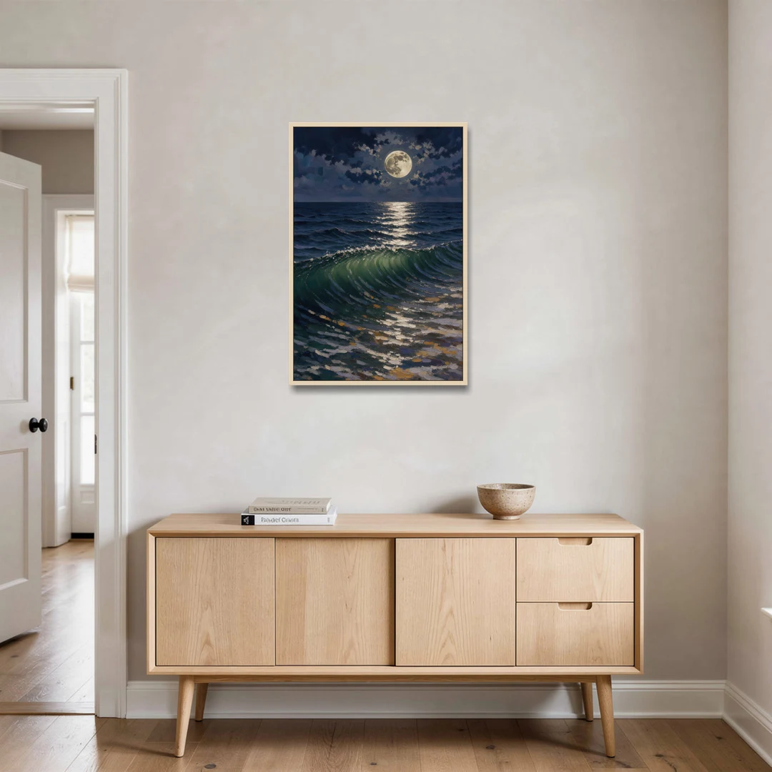 Moody Ocean Painting Under the Midnight Moon - Oak Framed Canvas Wall Art - Coffee Table - 24x36
