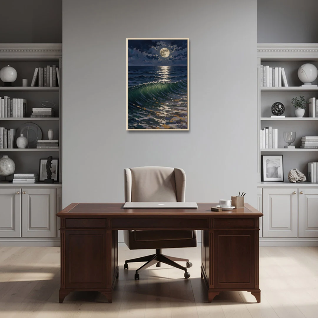 Moody Ocean Painting Under the Midnight Moon - Oak Framed Canvas Wall Art - Office - 24x36