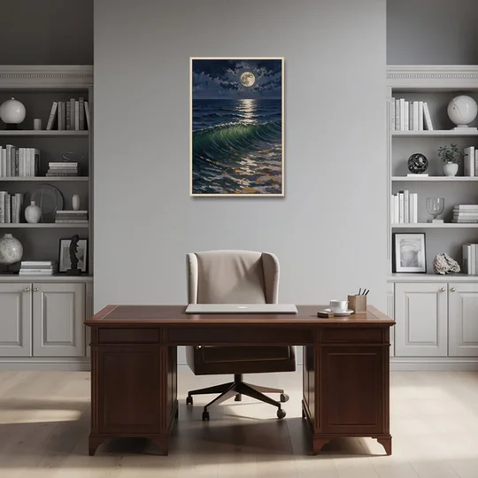 Moody Ocean Painting Under the Midnight Moon - Oak Framed Canvas Wall Art - Office - 24x36