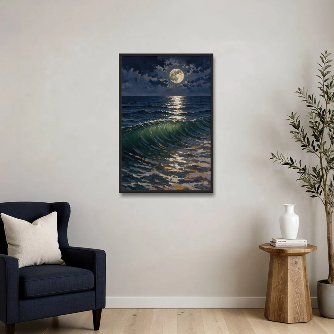 Moody Ocean Painting Under the Midnight Moon - Black Framed Canvas Wall Art - Sofa - 24x36