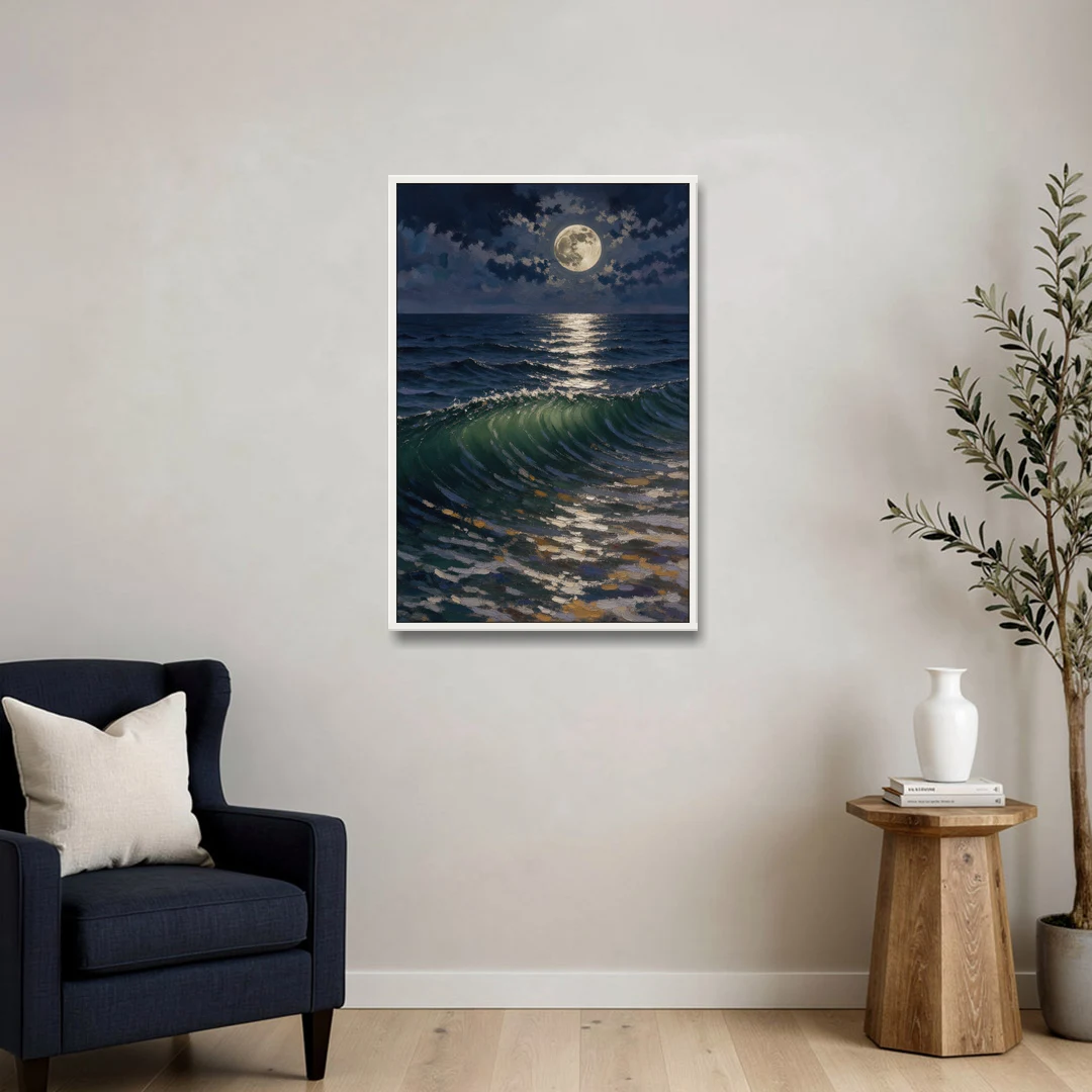 Moody Ocean Painting Under the Midnight Moon - White Framed Canvas Wall Art - Sofa - 24x36