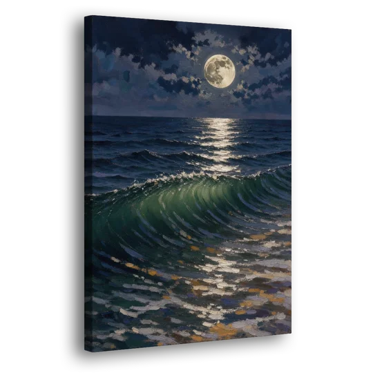 Moody Ocean Painting Under the Midnight Moon - Canvas Wall Art - Side
