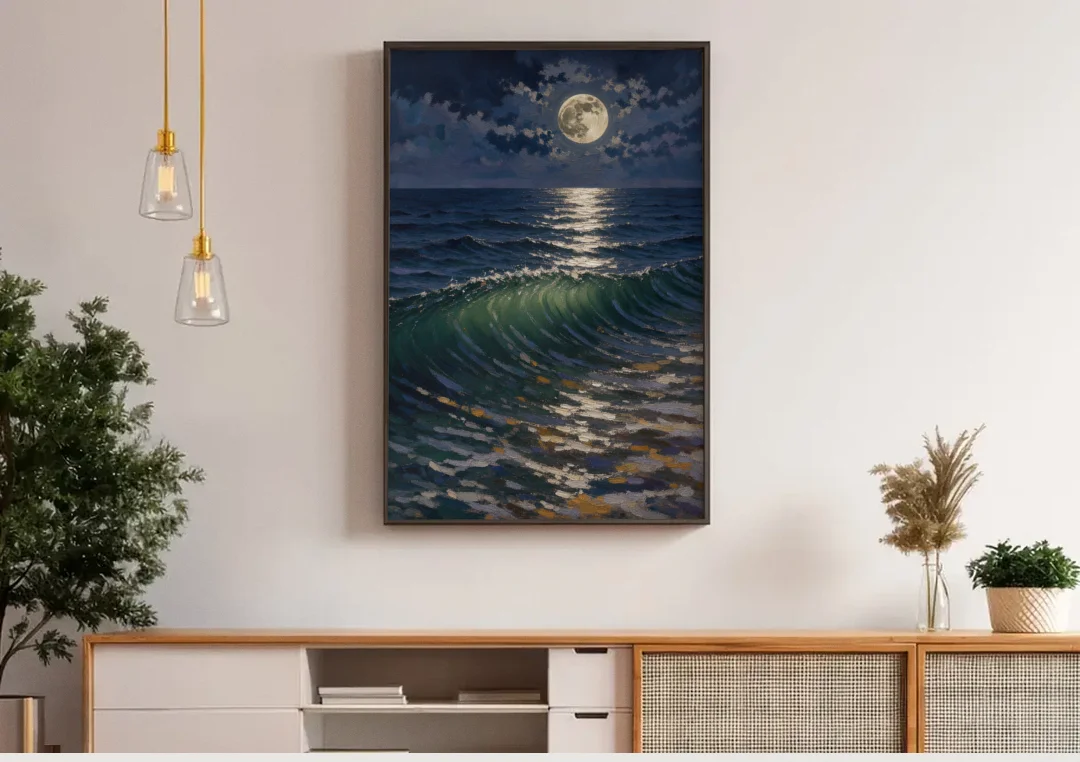 Moody Ocean Painting Under the Midnight Moon canvas wall art above a wooden sideboard under pendant lights