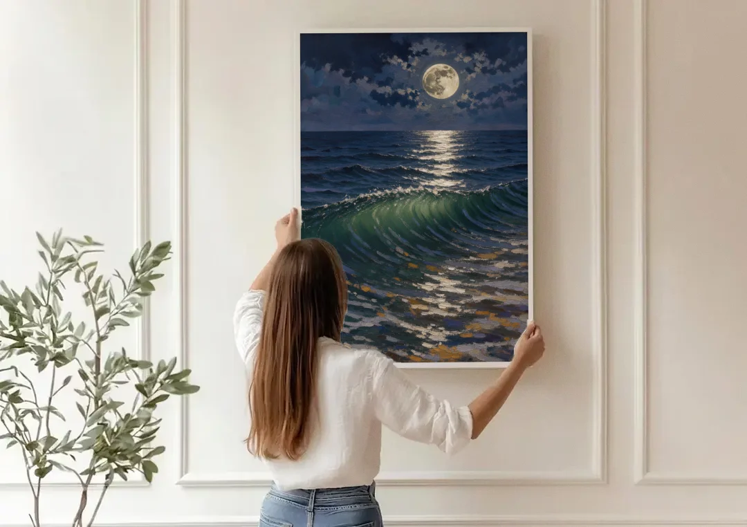 Moody Ocean Painting Under the Midnight Moon canvas wall art being hung on a paneled wall