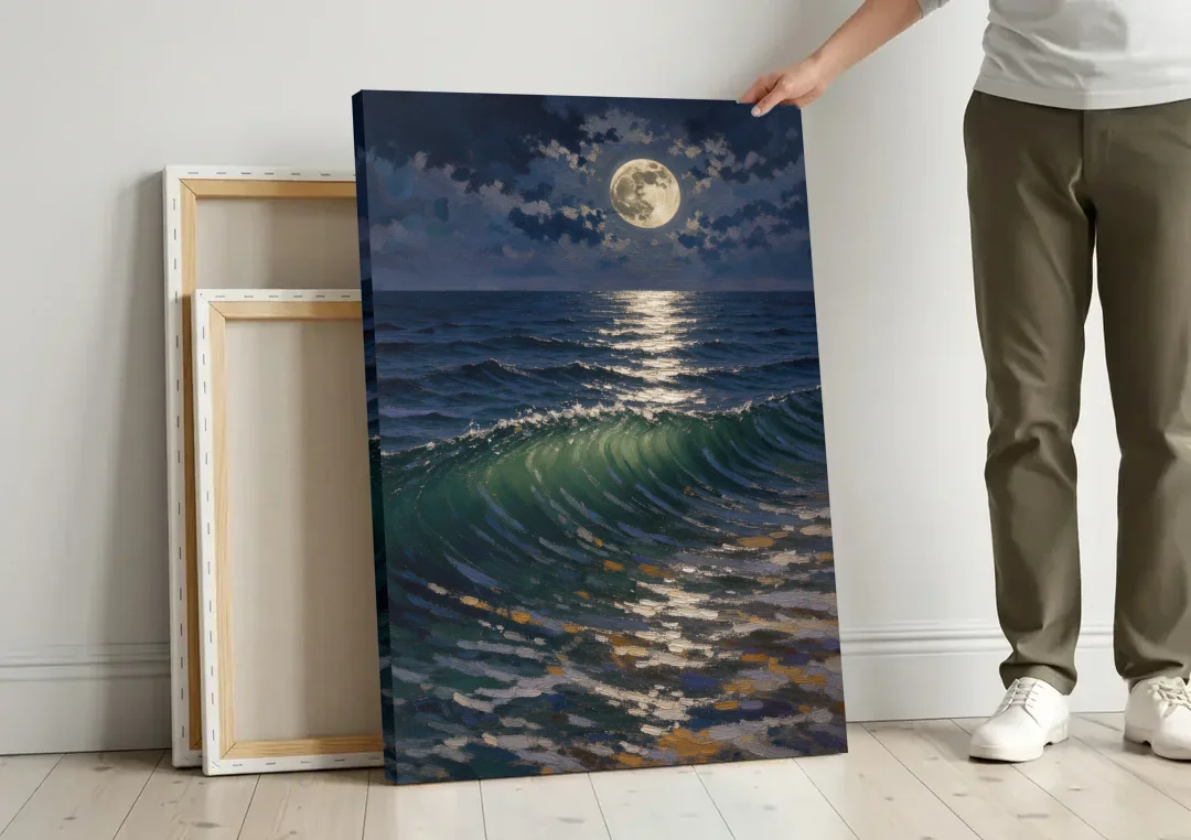Moody Ocean Painting Under the Midnight Moon canvas wall art leaning against a wall next to blank canvases