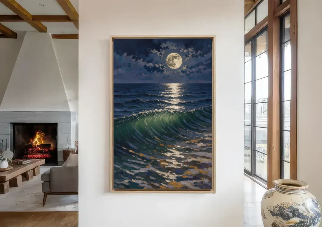 Moody Ocean Painting Under the Midnight Moon canvas wall art in a living room with a fireplace