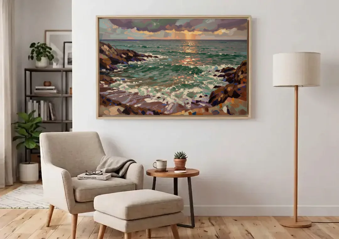 Moody Paintings of an Emerald Cove at Dusk canvas wall art above an armchair in a bright living room