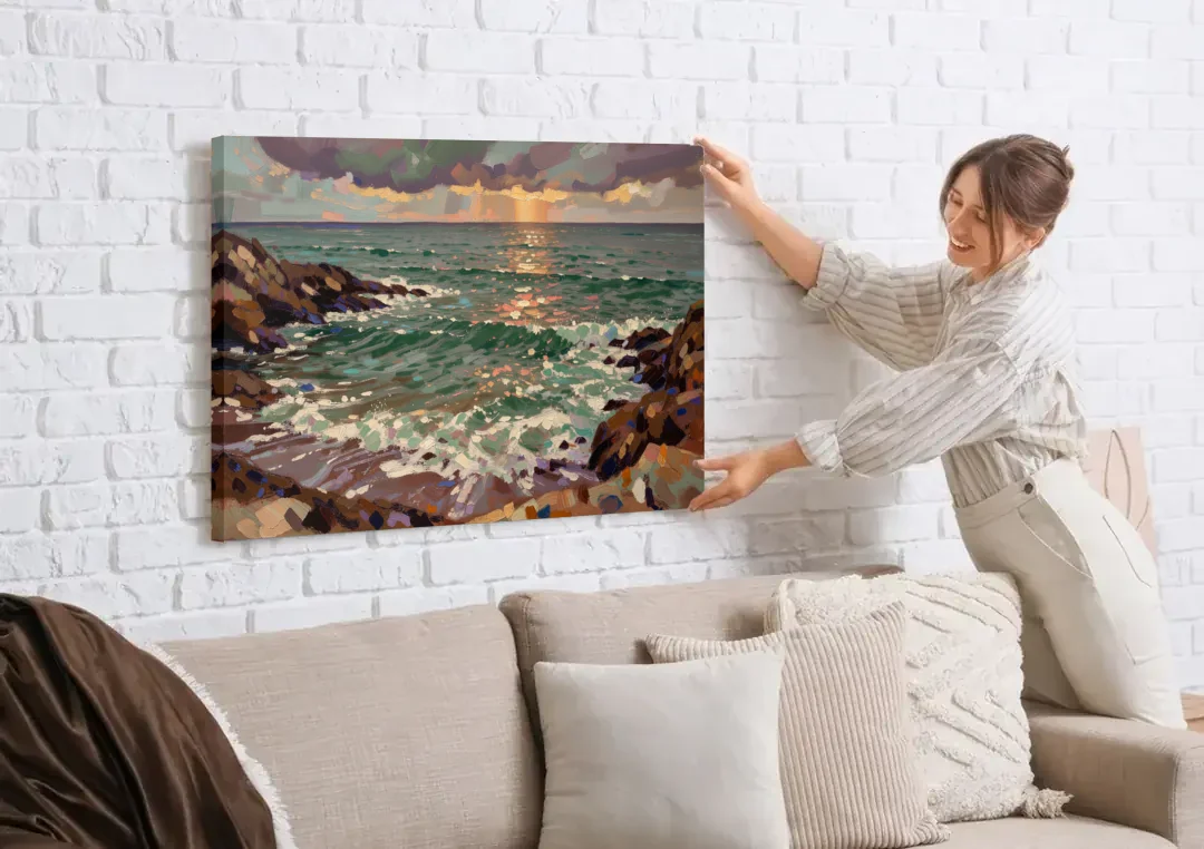 Moody Paintings of an Emerald Cove at Dusk canvas wall art being hung on a white brick wall above a sofa
